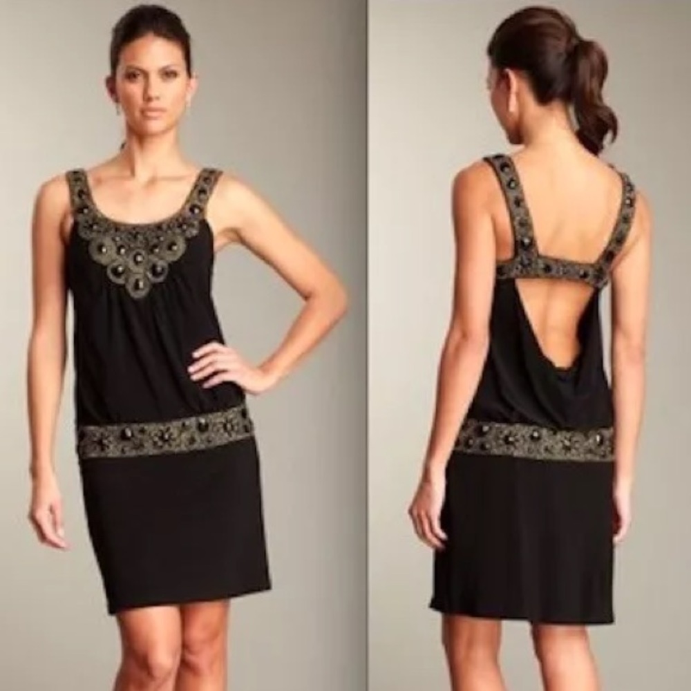 NWT Sue Wong Beaded Open Cowl-Back Dress